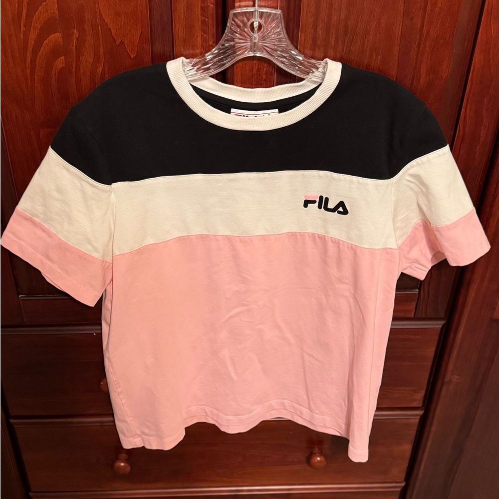 Fila Tee Shirt Short Sleeve Crew Neck Black White Pink Colorblock Cotton Top L